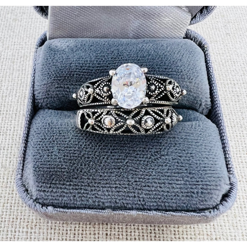 Avon RJ Graziano Sterling Silver 925 Filigree Oval Bridal Ring Set Size 7